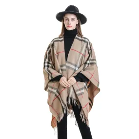 Plaid blanket warm fringed cardigan shawl for autumn and winter