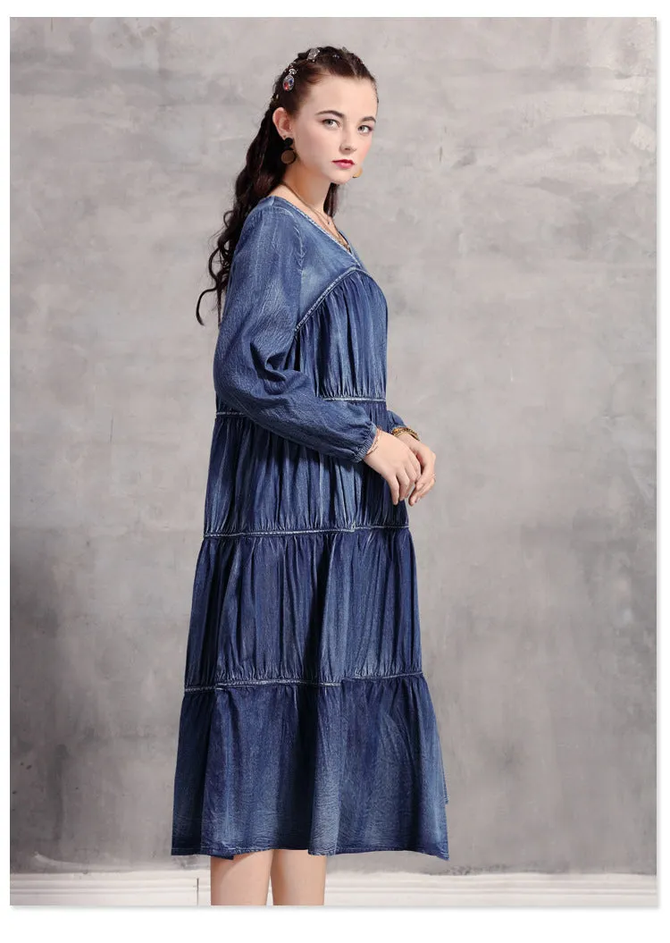 Pleated V-Neck Lantern Sleeve Midi Denim Dress