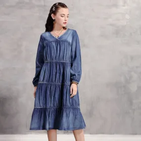 Pleated V-Neck Lantern Sleeve Midi Denim Dress