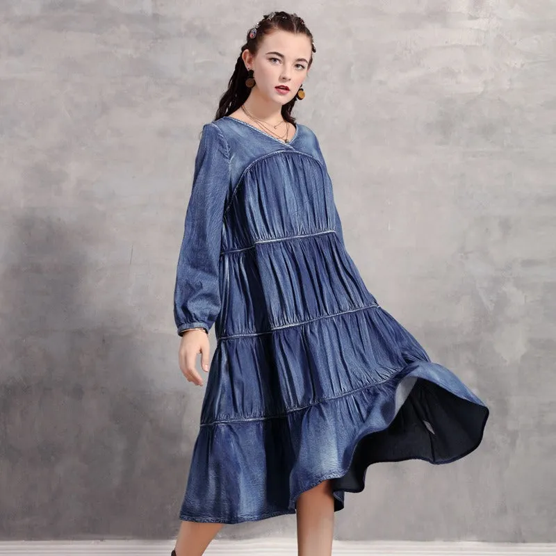 Pleated V-Neck Lantern Sleeve Midi Denim Dress