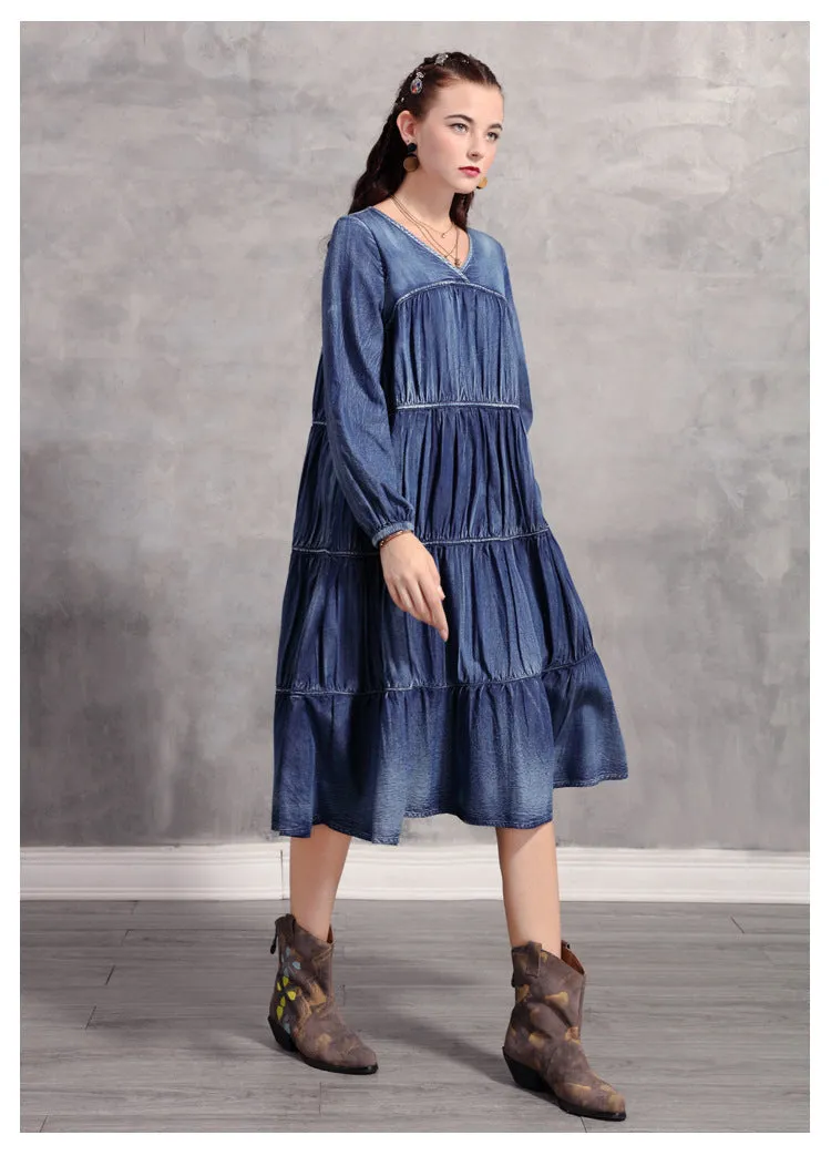 Pleated V-Neck Lantern Sleeve Midi Denim Dress