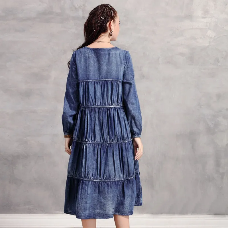 Pleated V-Neck Lantern Sleeve Midi Denim Dress