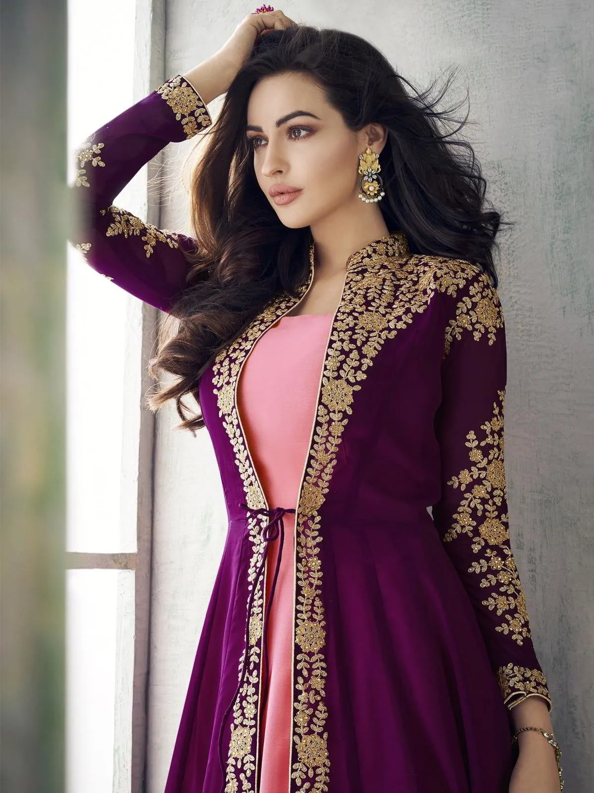 Plum And Pink Jacket Style Embroidered Pant Suit