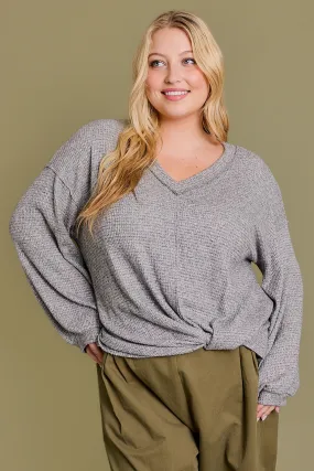 Plus Size Long Sleeve Twisted Side Waffle Knit Top