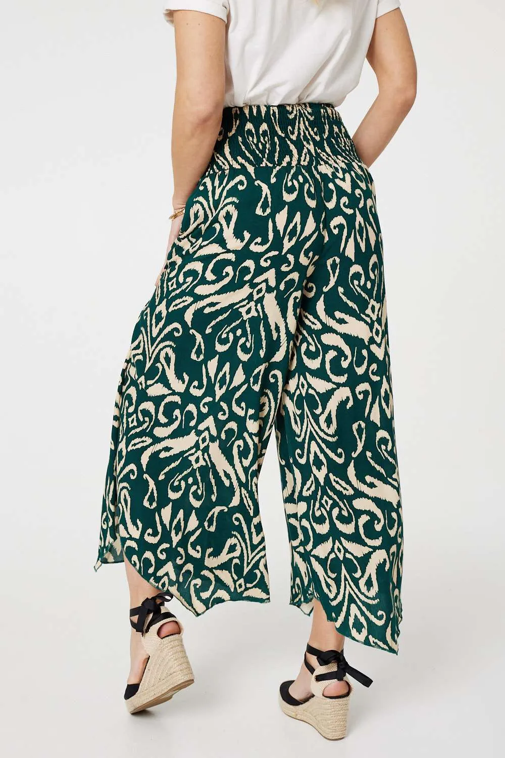 Printed Shirred Waist Wide Leg Trousers