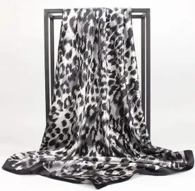 Printed Square Satin Scarf - Leopard Black And White