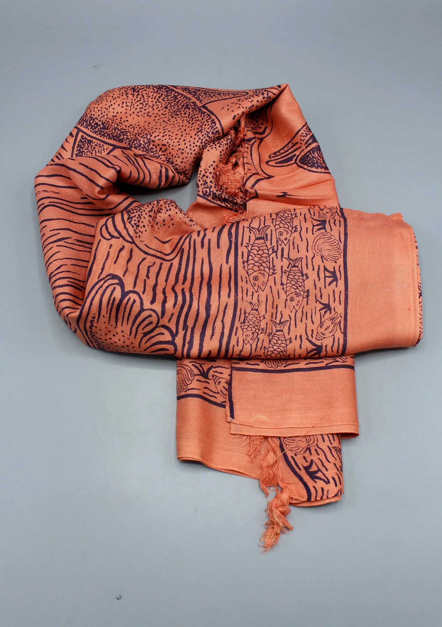 Pure Cotton Aquatic Life Printed Orange Shawl with Furka