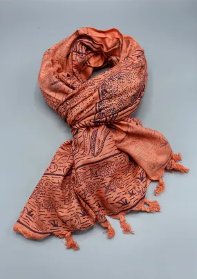 Pure Cotton Aquatic Life Printed Orange Shawl with Furka