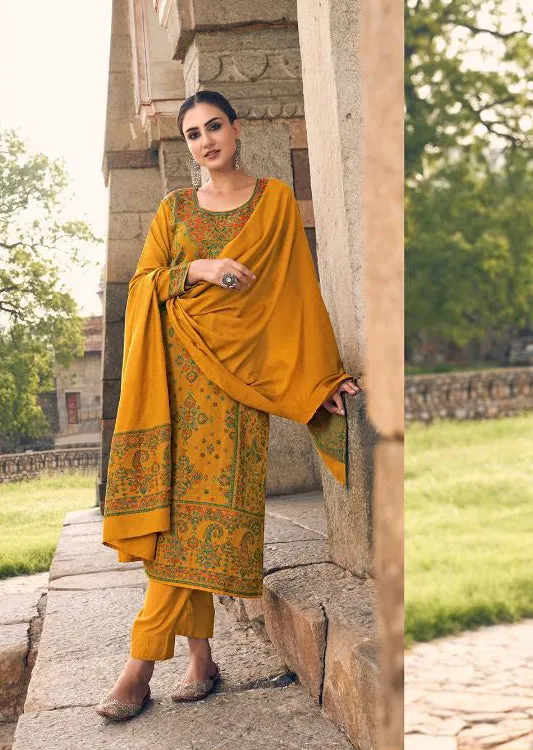 Pure Handloom Weaving Pashmina Mustard Winter Suits Set