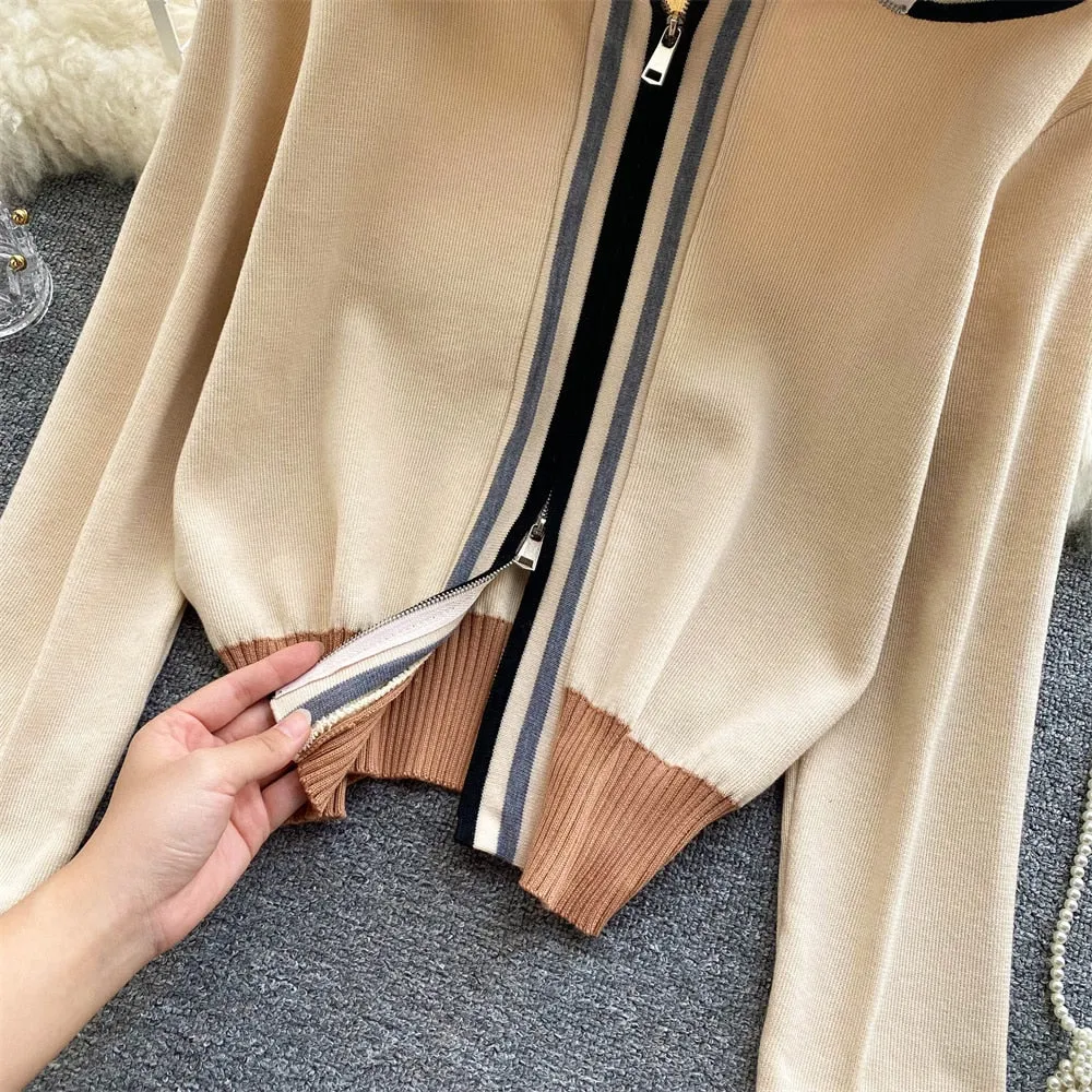 Purpdrank - Women European American Fashion Striped Stitching Short Hooded Jacket Women's New Zipper Loose Knit Cardigan Cropped Top