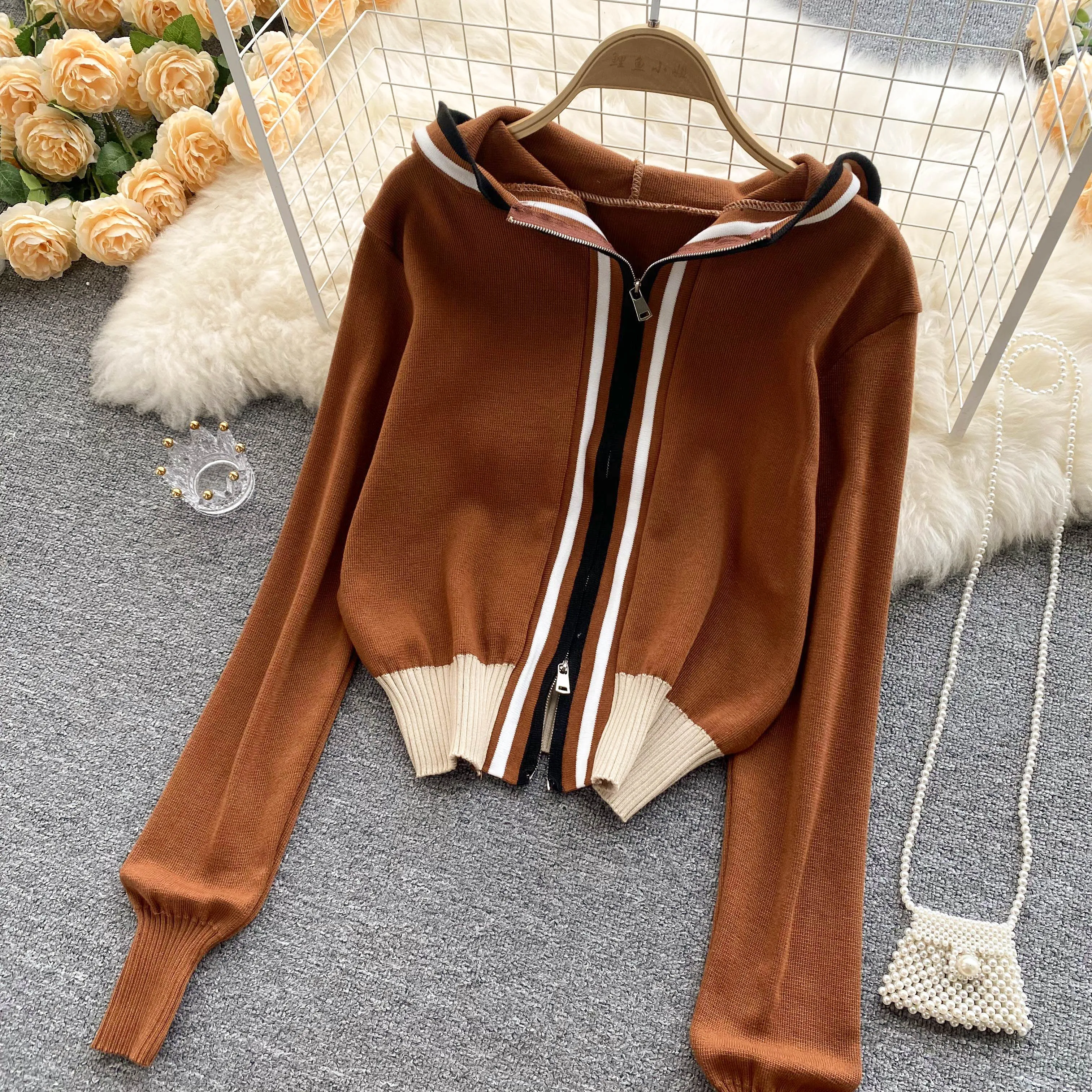 Purpdrank - Women European American Fashion Striped Stitching Short Hooded Jacket Women's New Zipper Loose Knit Cardigan Cropped Top