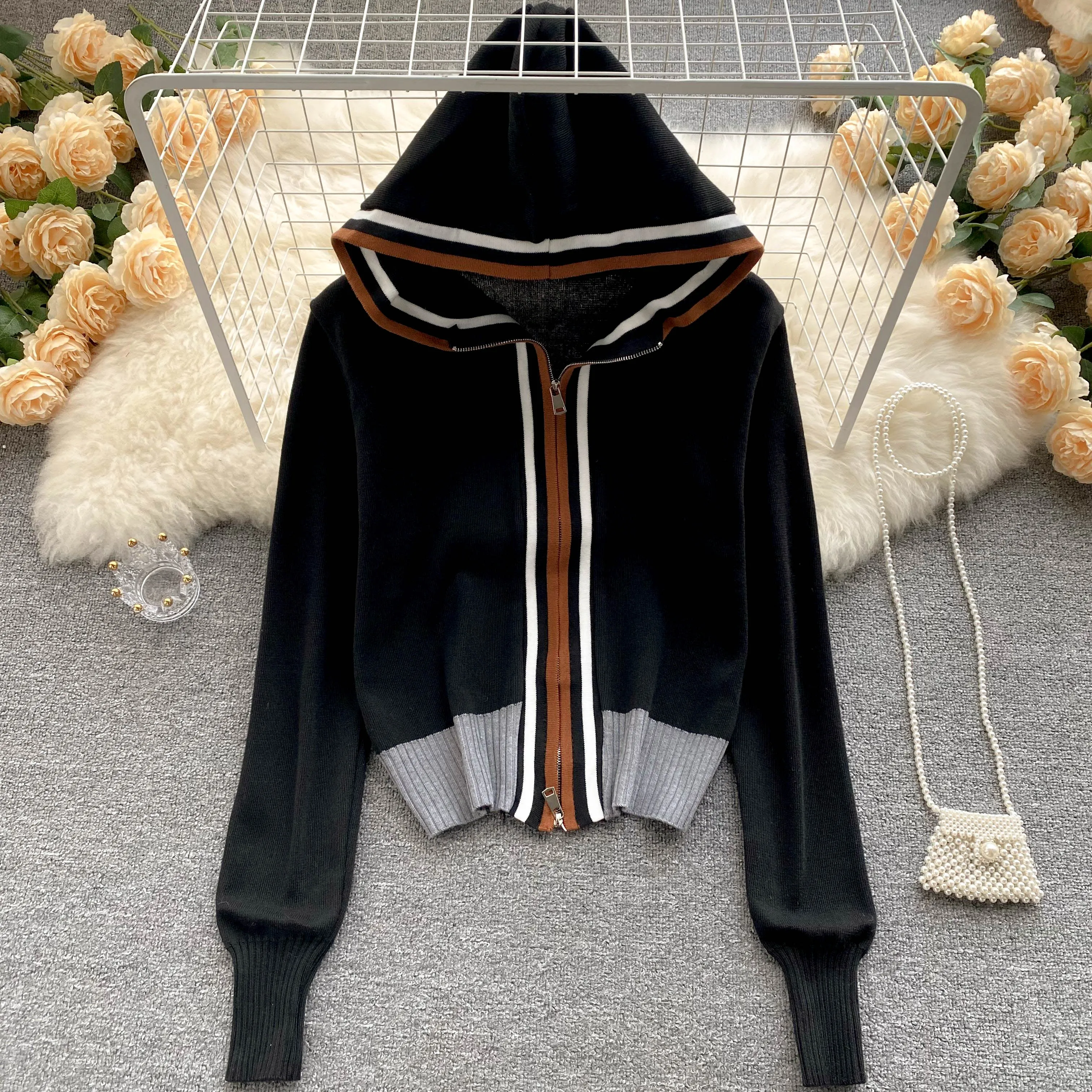 Purpdrank - Women European American Fashion Striped Stitching Short Hooded Jacket Women's New Zipper Loose Knit Cardigan Cropped Top