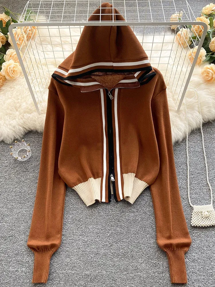 Purpdrank - Women European American Fashion Striped Stitching Short Hooded Jacket Women's New Zipper Loose Knit Cardigan Cropped Top