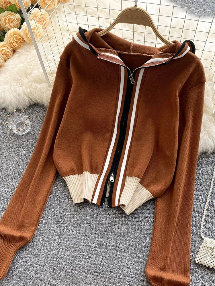 Purpdrank - Women European American Fashion Striped Stitching Short Hooded Jacket Women's New Zipper Loose Knit Cardigan Cropped Top