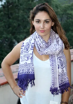 Purple and White Batik Cotton Shawl