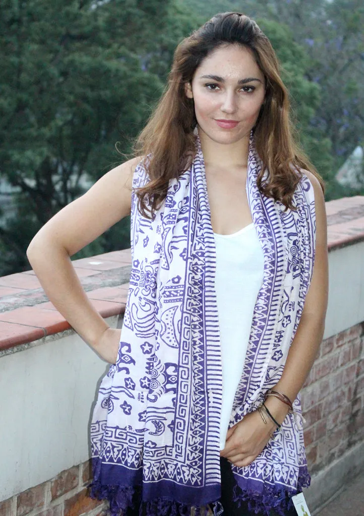 Purple and White Batik Cotton Shawl