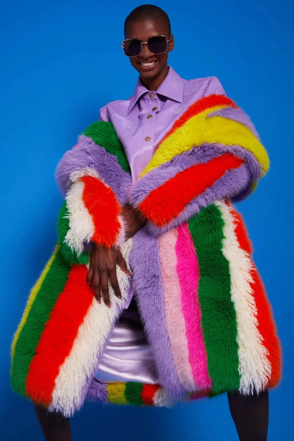 Rainbow Faux Fur Hand Crafted Eco Bamboo Maxi Coat