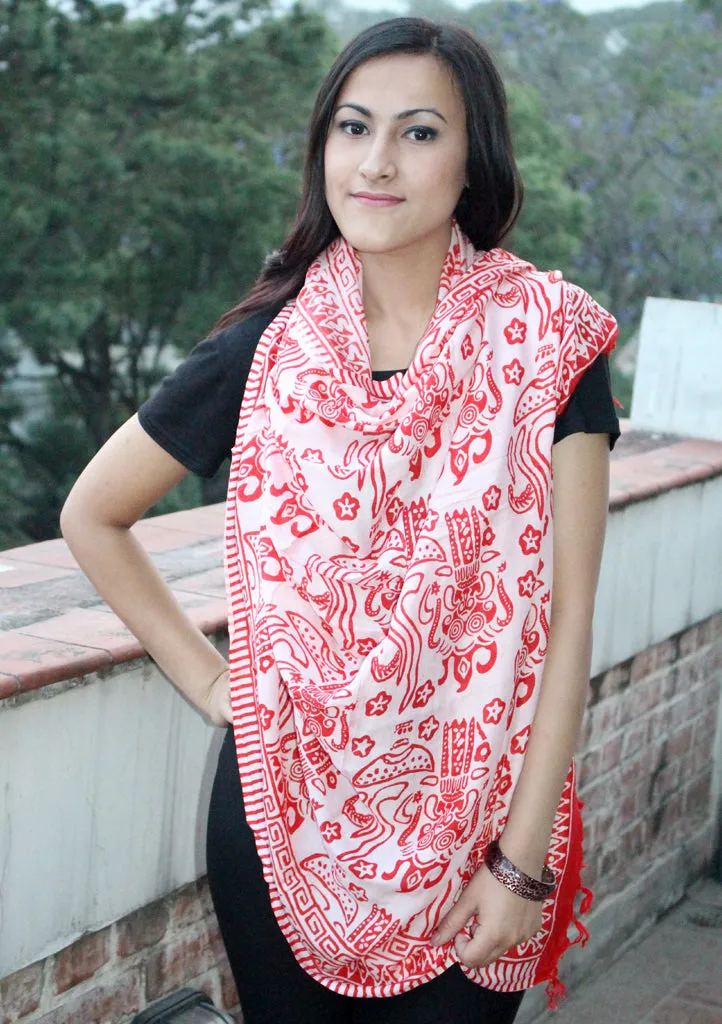 Red and White Batik Cotton Shawl