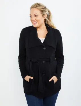 Removable Waist Tie French Terry Maternity Peacoat in Black