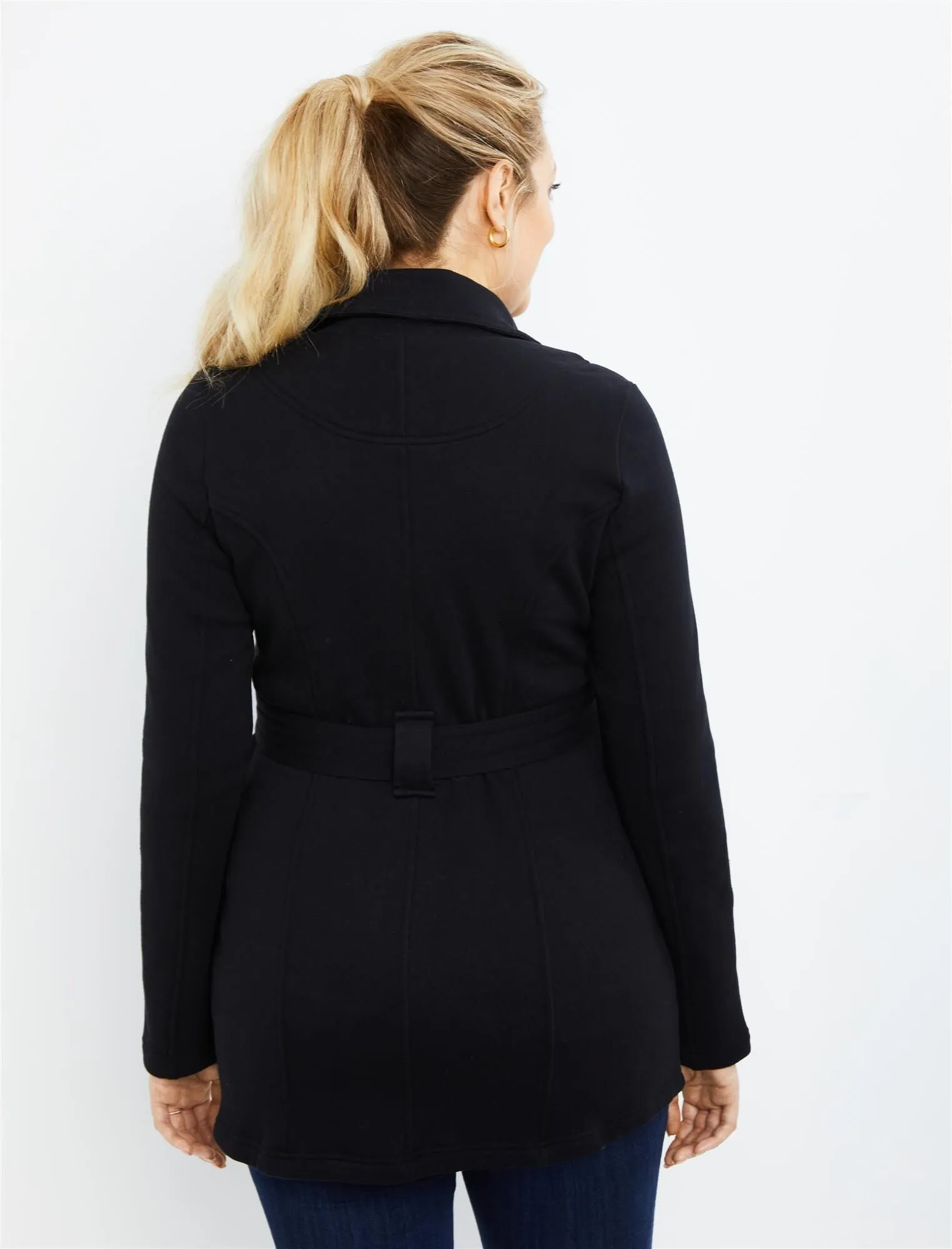 Removable Waist Tie French Terry Maternity Peacoat in Black