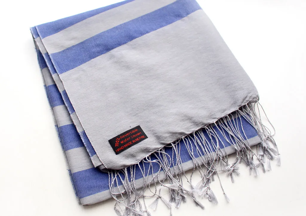 Reversible Blue Striped Gray Color Water Pashmina Shawl