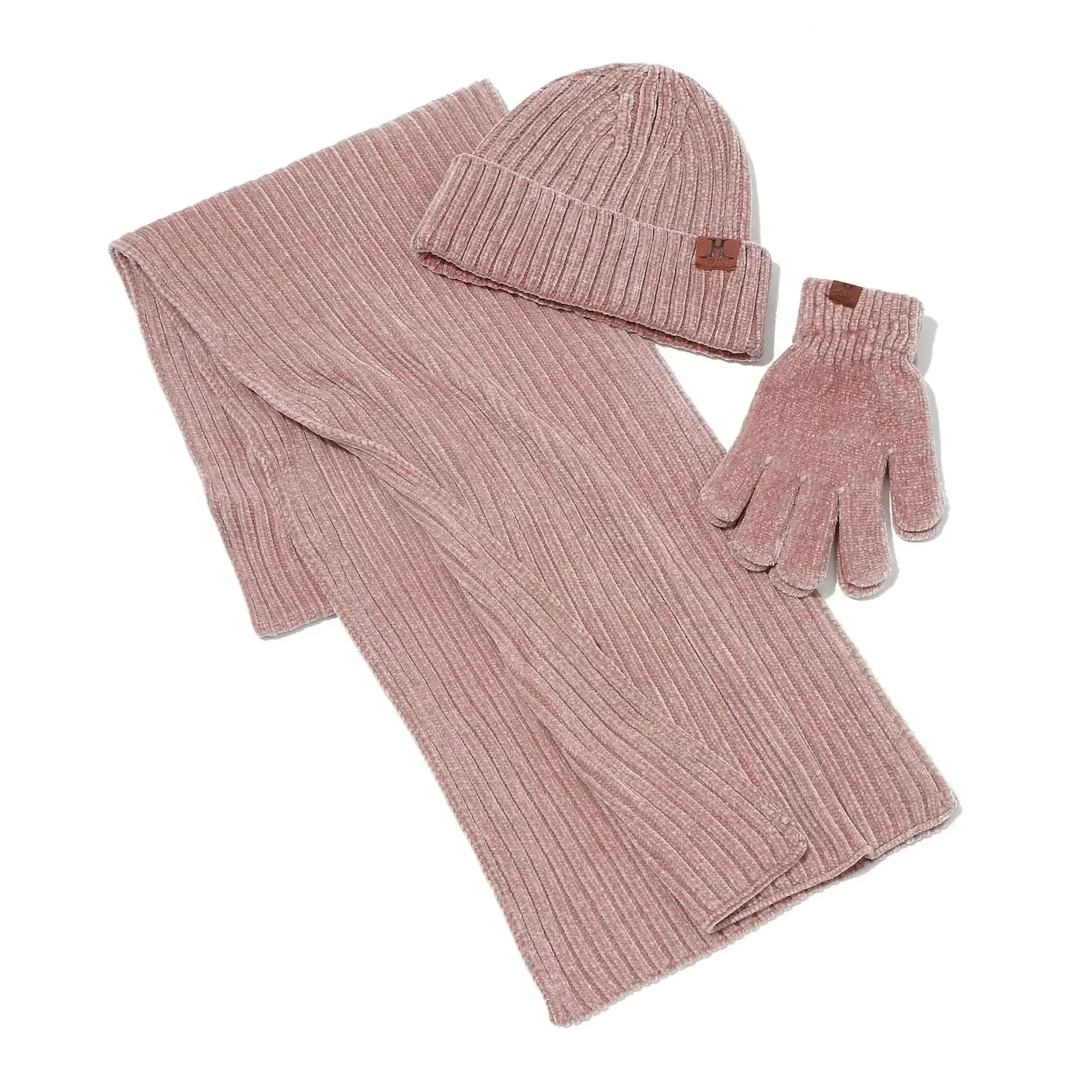 Ribbed Knitted Scarf Hat And Gloves Set