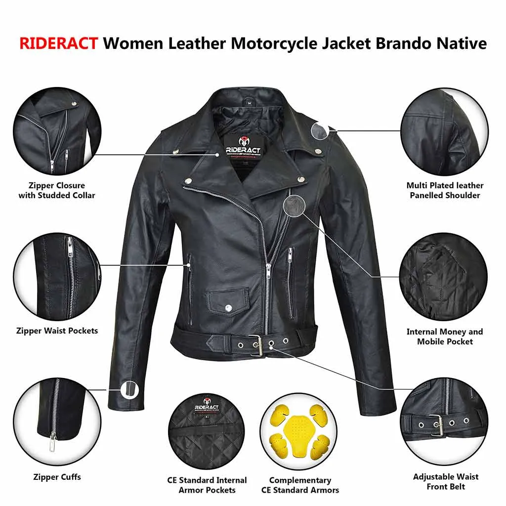 RIDERACT® Women Moto Jacket Black Brando Native Leather Moto Jacket