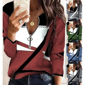 Ring Zipper V-Neck Color Patch Sweater