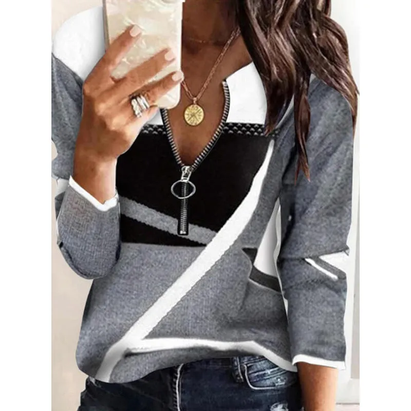 Ring Zipper V-Neck Color Patch Sweater