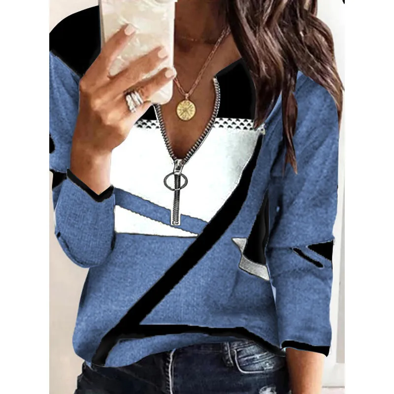 Ring Zipper V-Neck Color Patch Sweater