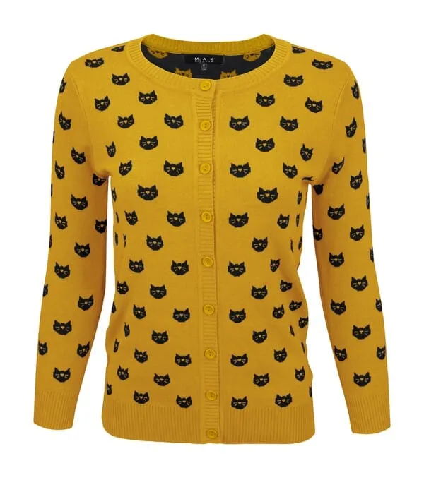 Round Neck Cat Patterned Cardigan Sweater