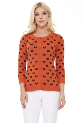 Round Neck Cat Patterned Cardigan Sweater