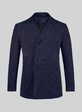 Royal Blue Suede Leather Pea Coat