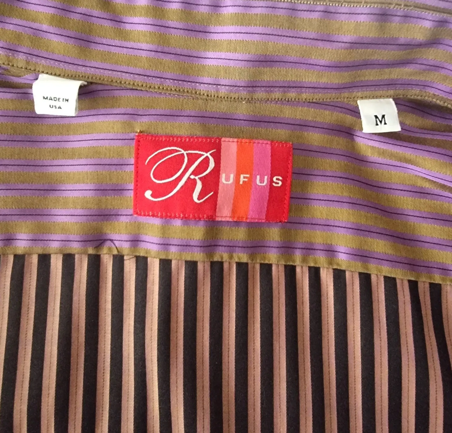 Rufus Men's Brown/Gold with Lilac stripes Long Sleeve Button Front Shirt Contrasting Flip Cuff. Size M