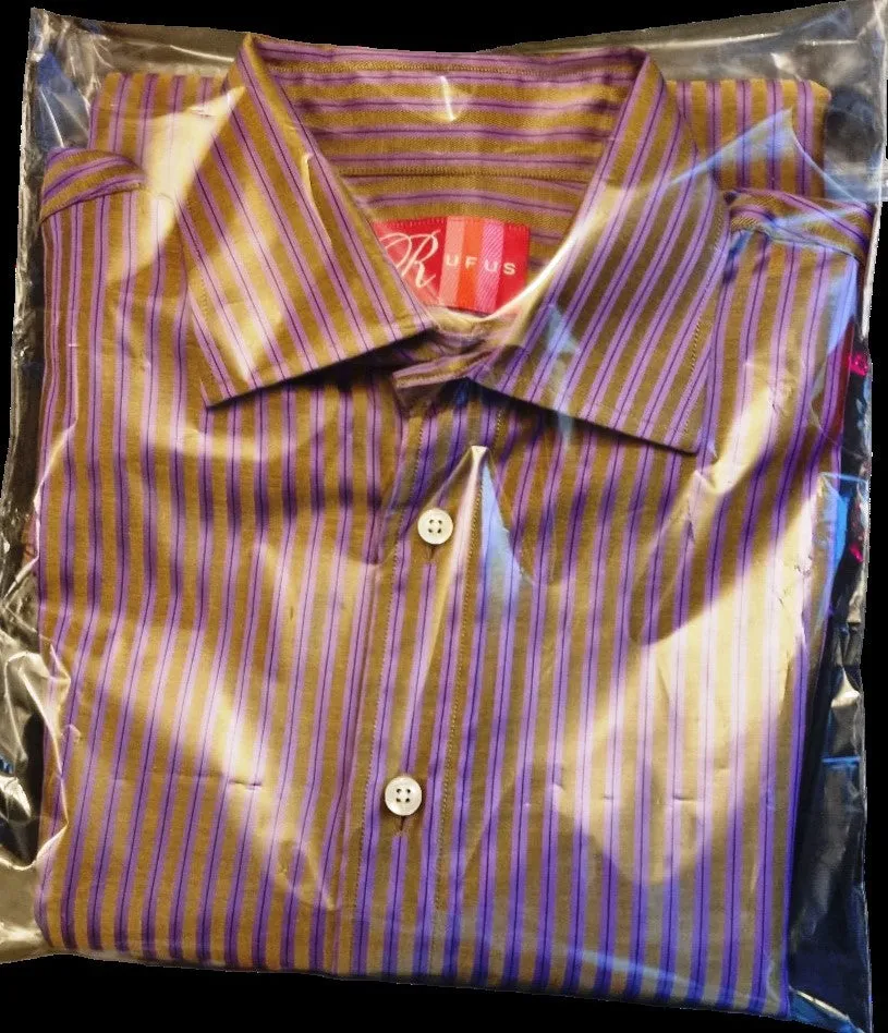 Rufus Men's Brown/Gold with Lilac stripes Long Sleeve Button Front Shirt Contrasting Flip Cuff. Size M