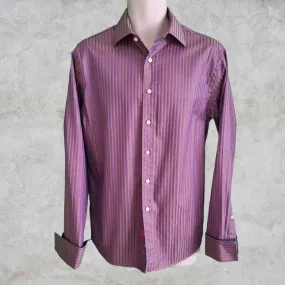 Rufus Men's Brown/Gold with Lilac stripes Long Sleeve Button Front Shirt Contrasting Flip Cuff. Size M