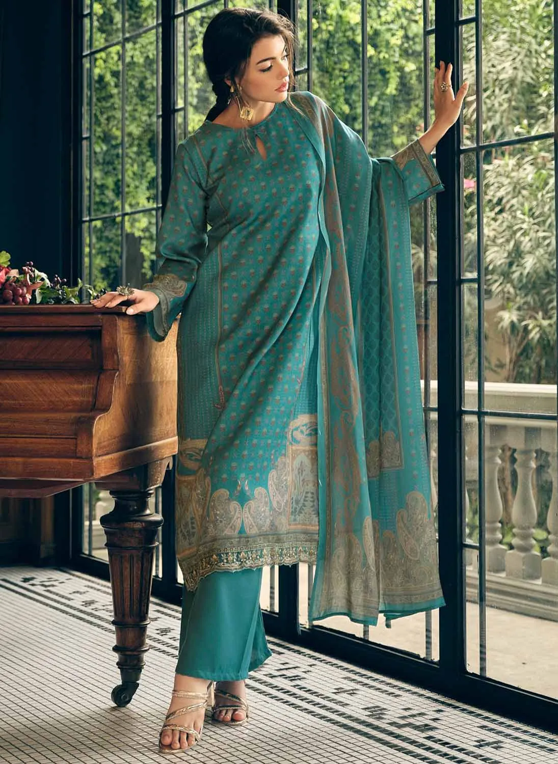 Sadhana Teal Green Winter Pashmina Suits Dress Material for Ladies