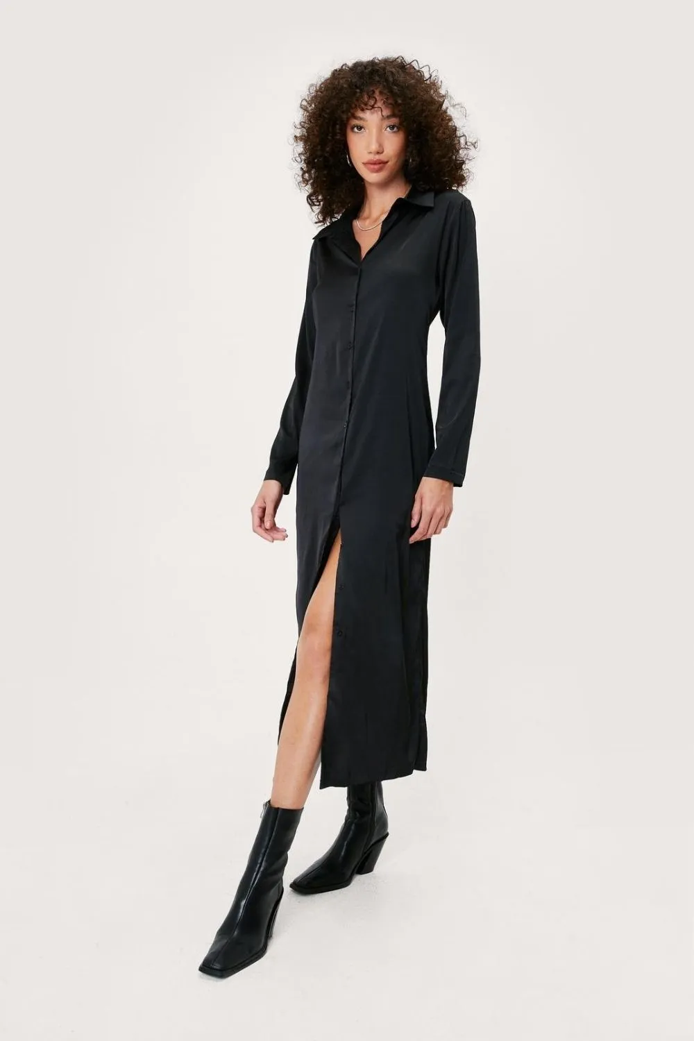 Satin Button Down Midi Shirt  Dress