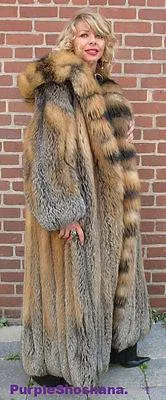 Sensational Hooded Solid Multi Color Cross Fox Canadian Fur Coat 80" Sweep M/L