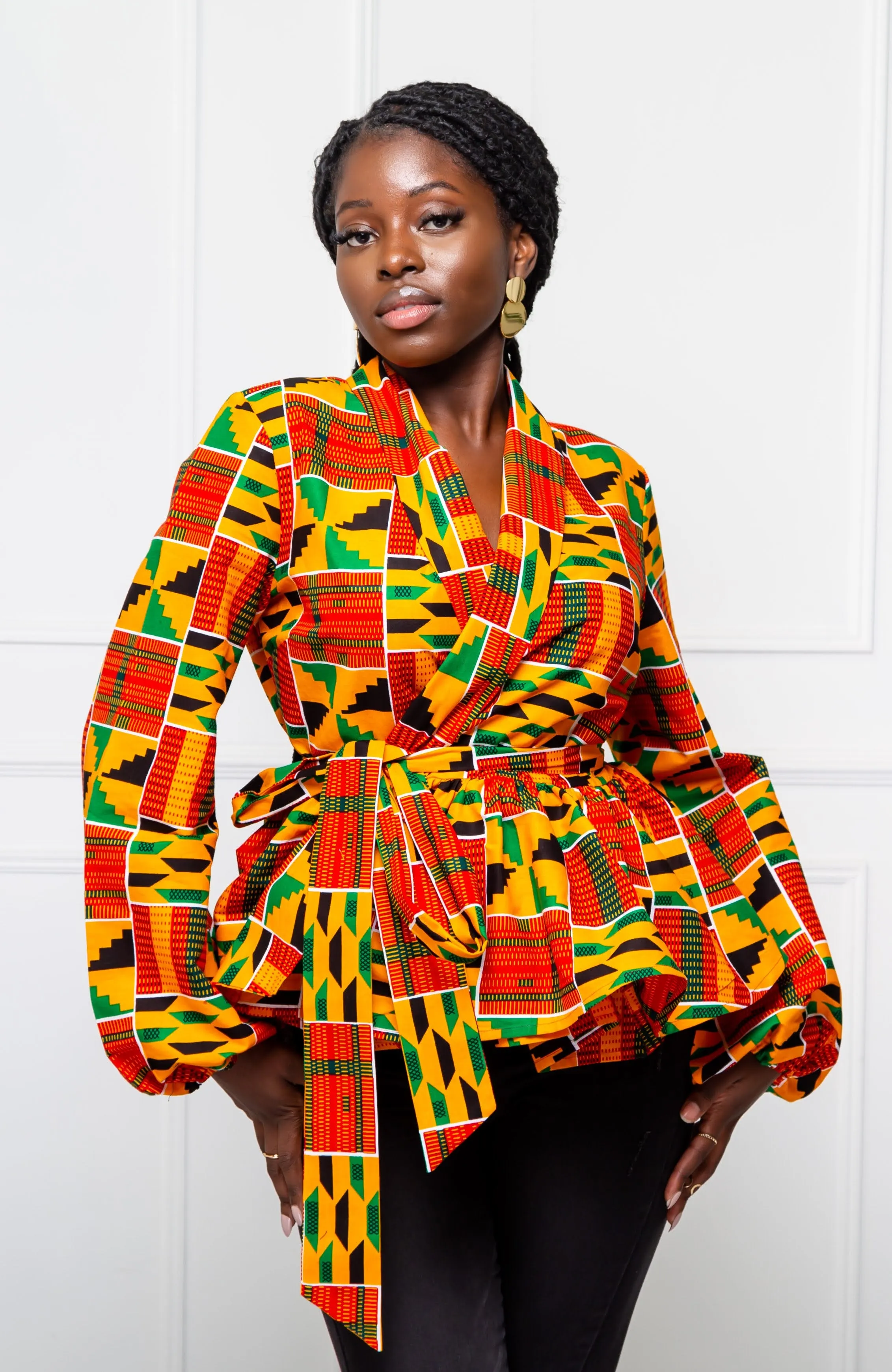 Shawl Collar Peplum Wrap blouse | African Print Tops - KENYA