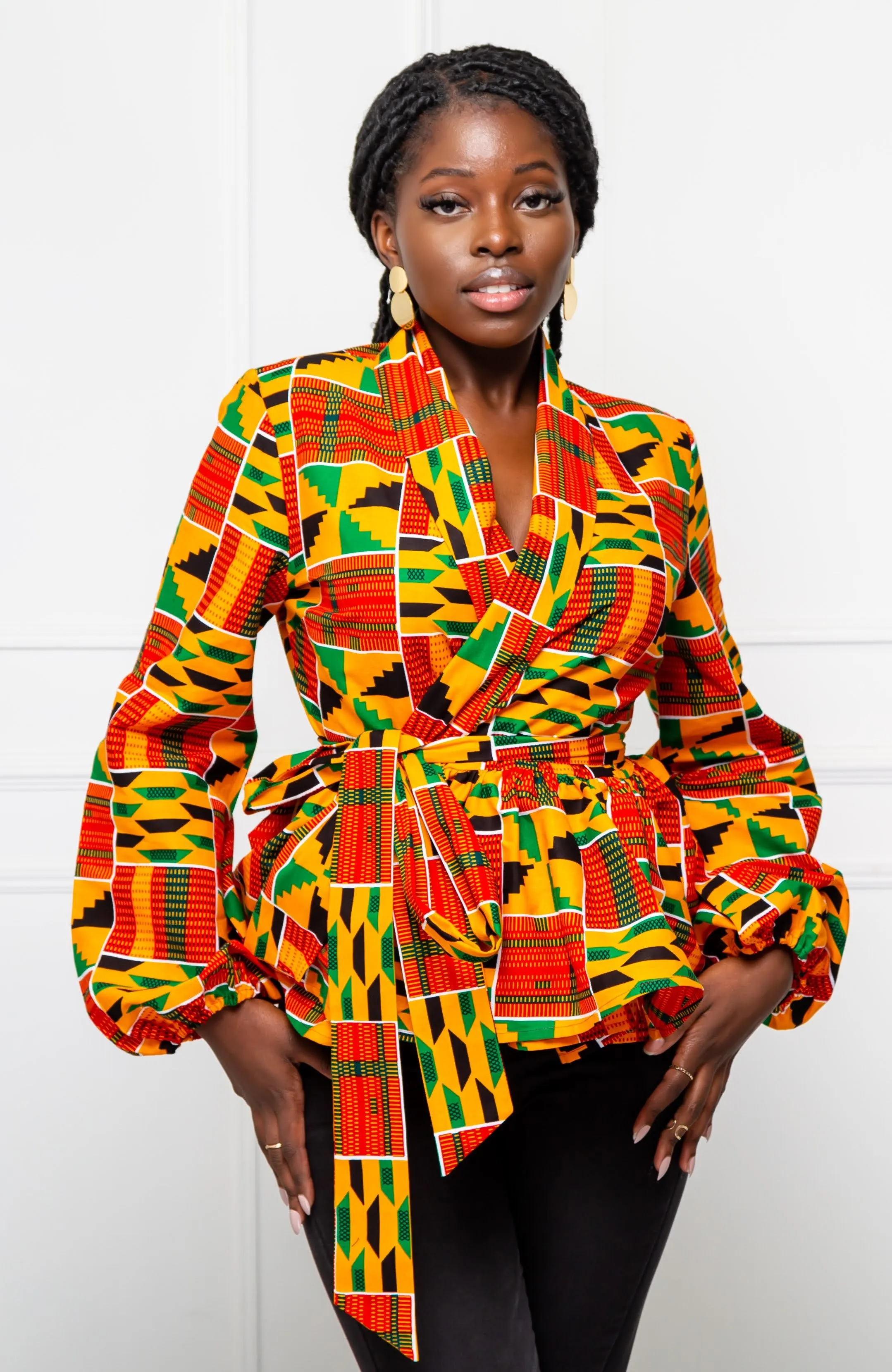 Shawl Collar Peplum Wrap blouse | African Print Tops - KENYA