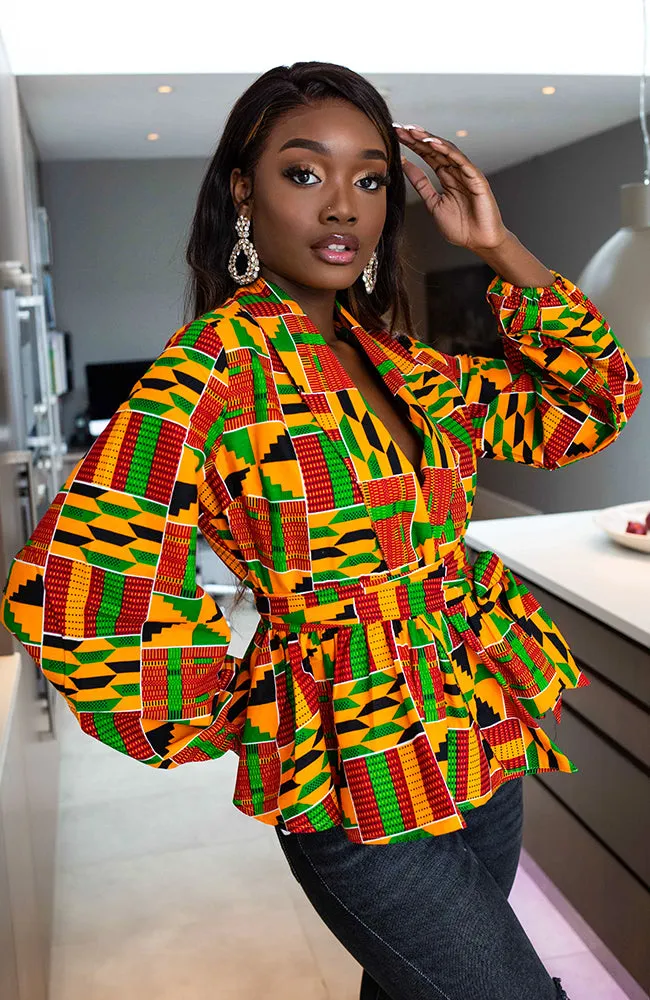 Shawl Collar Peplum Wrap blouse | African Print Tops - KENYA