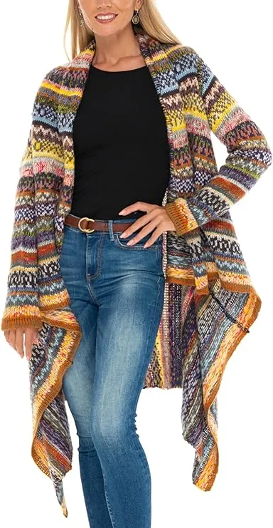 SHU-SHI Womens Long Cardigan Open Front Boho Fall Winter Poncho Sweater Wrap Shawl Cape