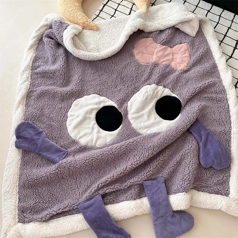 SINOTAO  -  Cute Big Eyes Embroidered Lamb Fleece Blanket Warm Cartoon Casual Sofa Blanket Skin Friendly Soft Shawl Cover Blanket