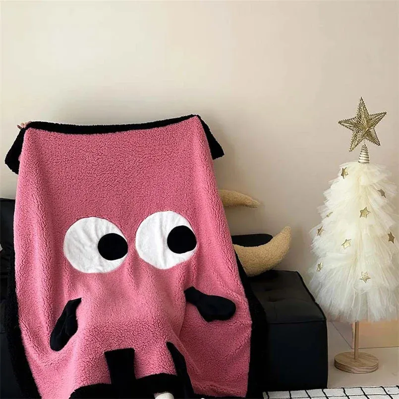 SINOTAO  -  Cute Big Eyes Embroidered Lamb Fleece Blanket Warm Cartoon Casual Sofa Blanket Skin Friendly Soft Shawl Cover Blanket