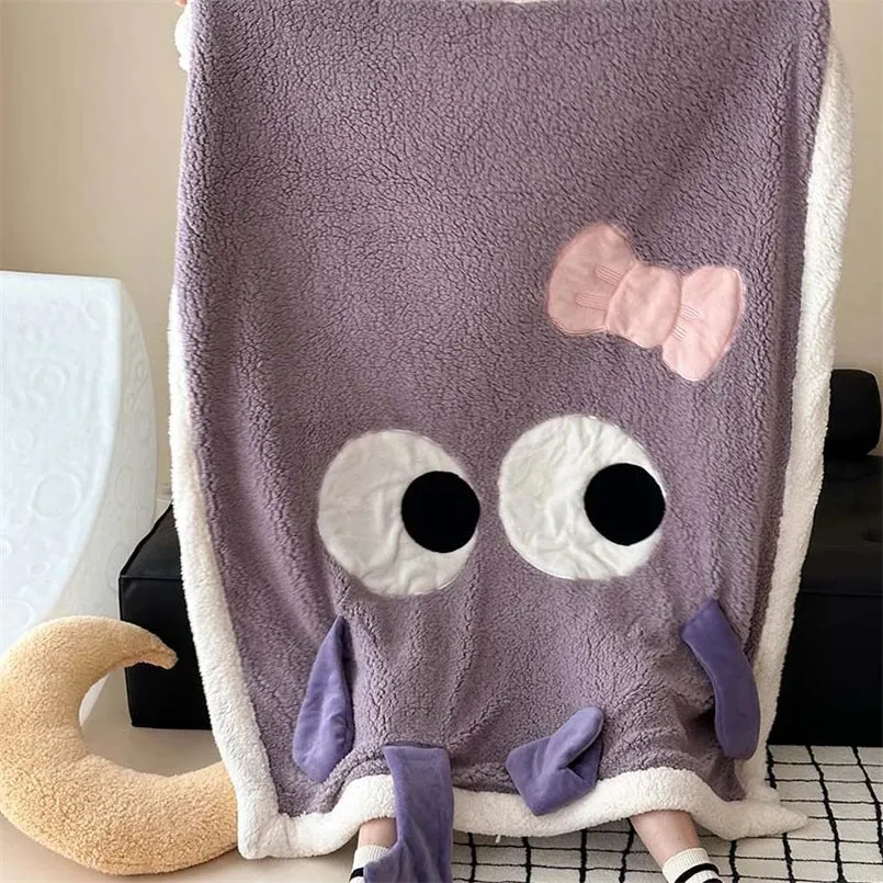 SINOTAO  -  Cute Big Eyes Embroidered Lamb Fleece Blanket Warm Cartoon Casual Sofa Blanket Skin Friendly Soft Shawl Cover Blanket