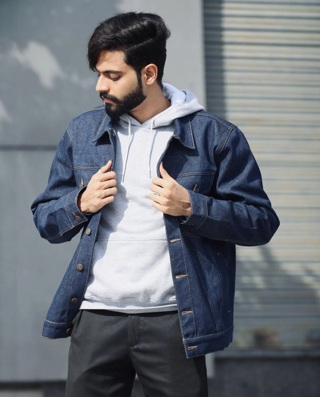 SLAY. Men's Denim Blue Cotton Biker Denim Jacket For Men with SLAY. Embroidered on the back