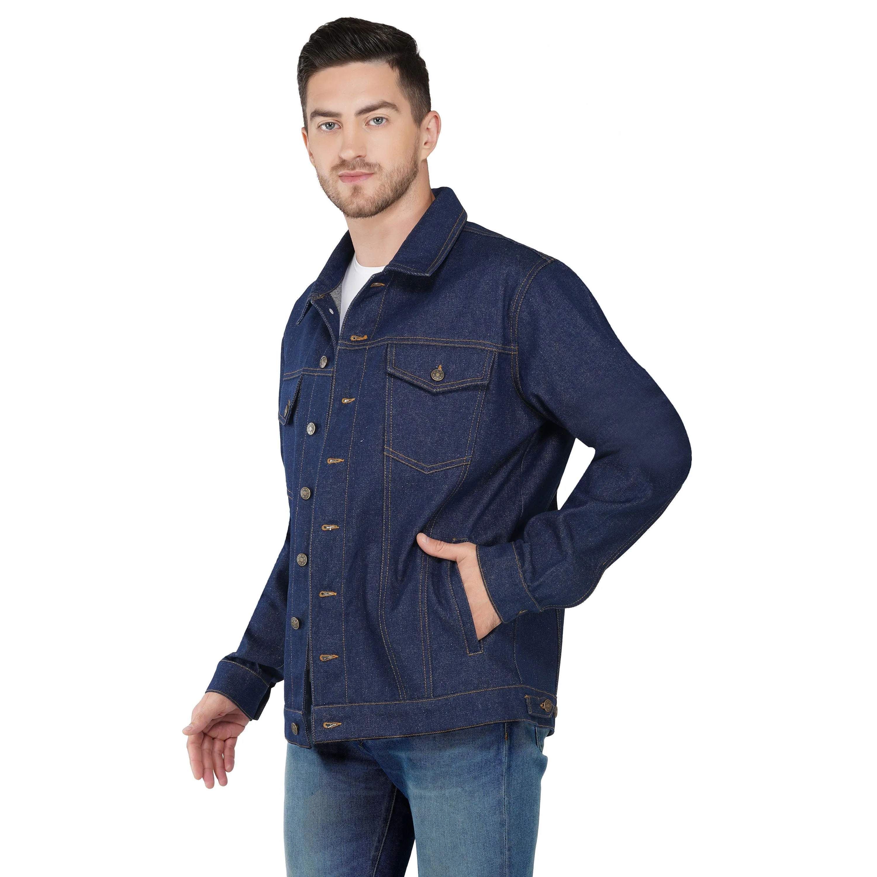 SLAY. Men's Denim Blue Cotton Biker Denim Jacket For Men with SLAY. Embroidered on the back