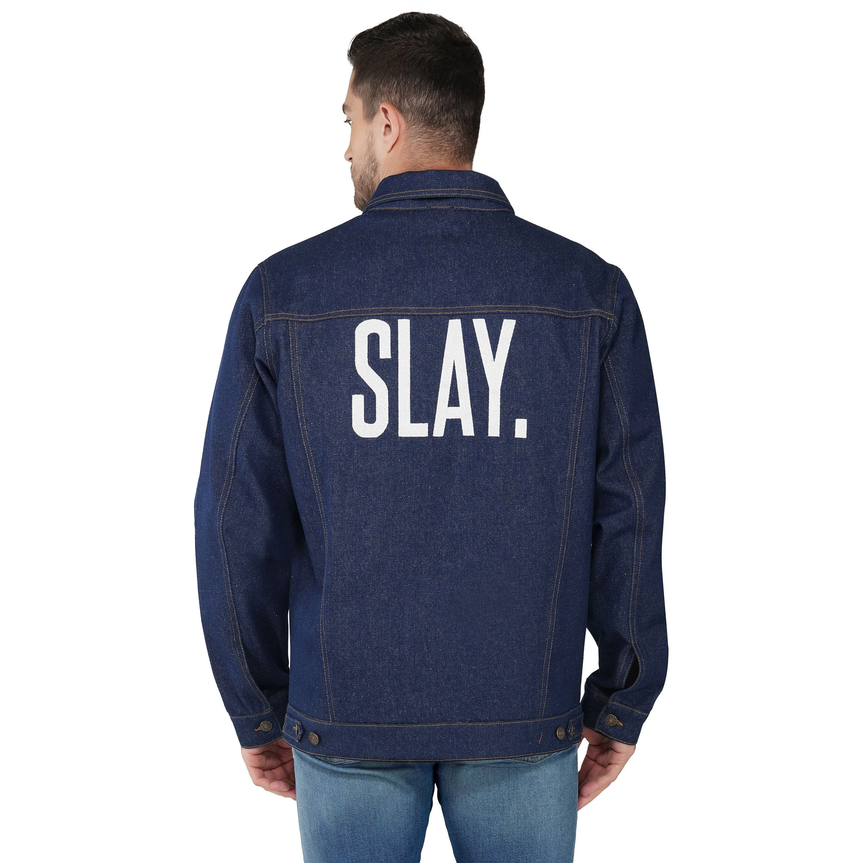 SLAY. Men's Denim Blue Cotton Biker Denim Jacket For Men with SLAY. Embroidered on the back