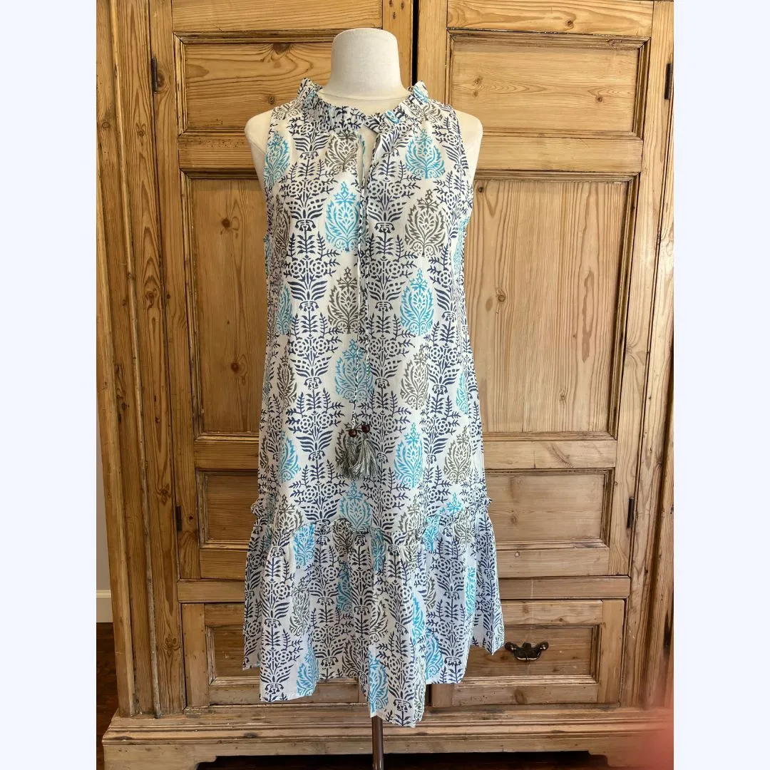 Sleeveless Navy & Turquoise Floral With Tassel Tie Neckline